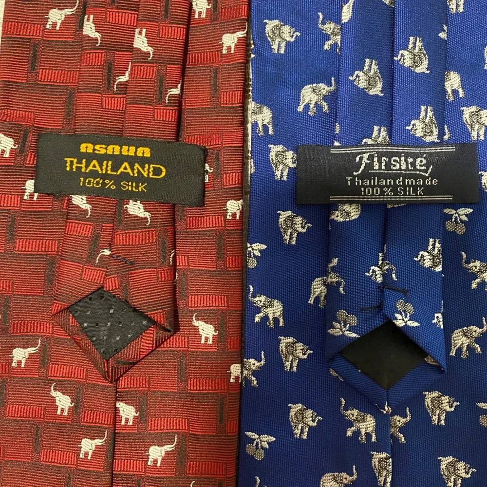 Lot of 2 Mens‎ Elephant Silk Ties Thailand Firsite Burgundy Red Royal Blue Silk